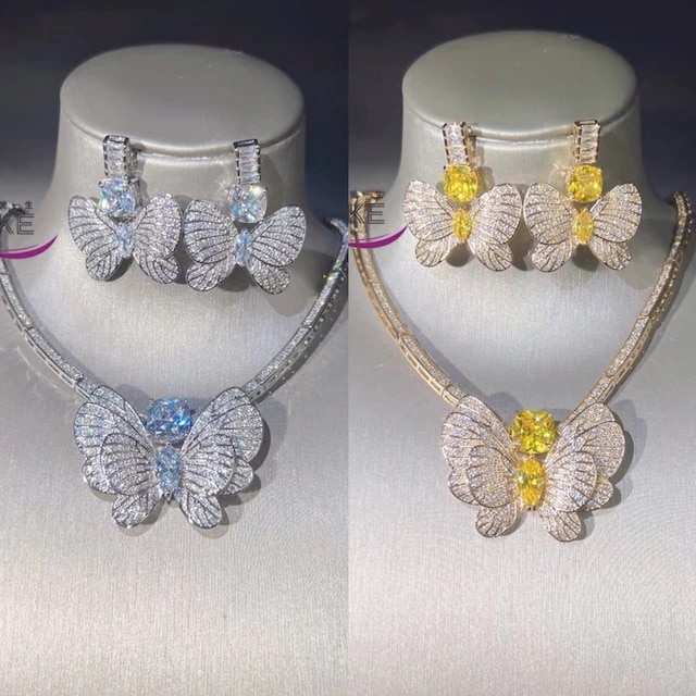 【ピアスとネックレスセット】黄色　バタフライ 蝶々　ピアス　花柄　フラワー　ネックレス　アクセサリー　キラキラ　ラインストーン　ビジュー リボン　ハート　かわいい　ガーリー　可愛い　原宿　渋谷　パール