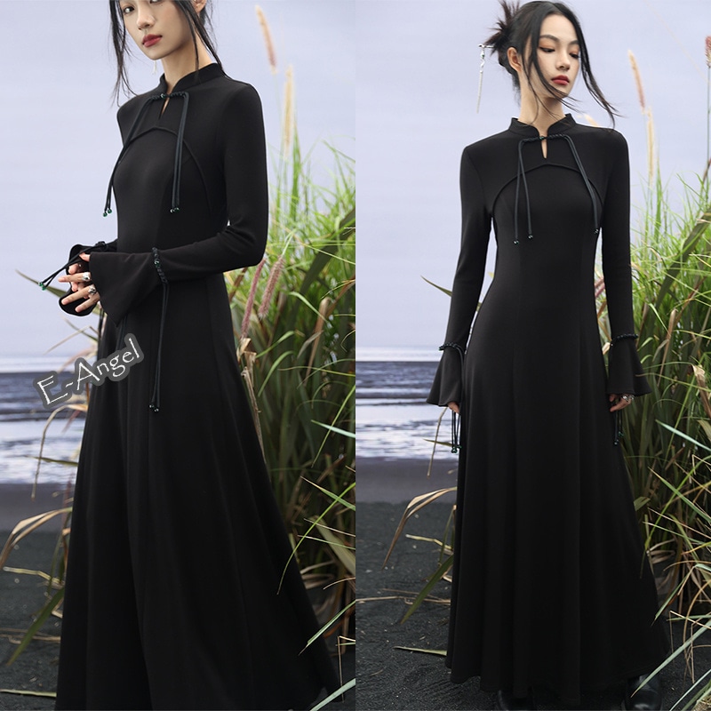 チャイナ風 ワンピース ロング マキシ 長袖 秋冬 黒 無地 裏起毛 スタンドカラー 重ね着風 暗黒系 レトロ チャイナボタン 着瘦せ