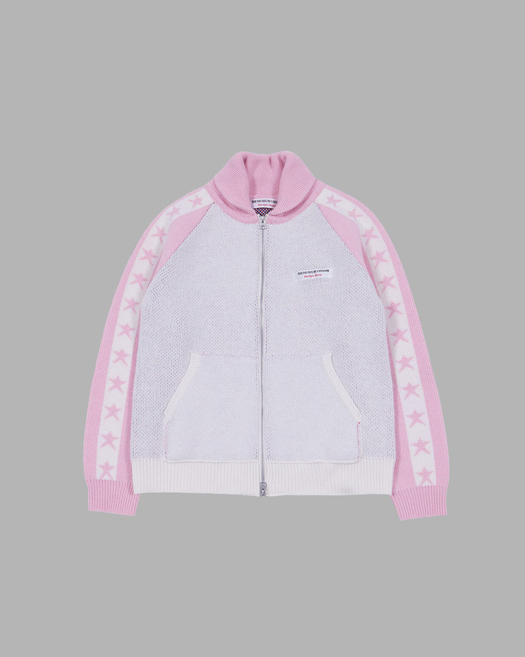 【THE MUSEUM VISITOR】 SKY / LOVE JACQUARD COLLAR KNIT ZIP UP : PINK