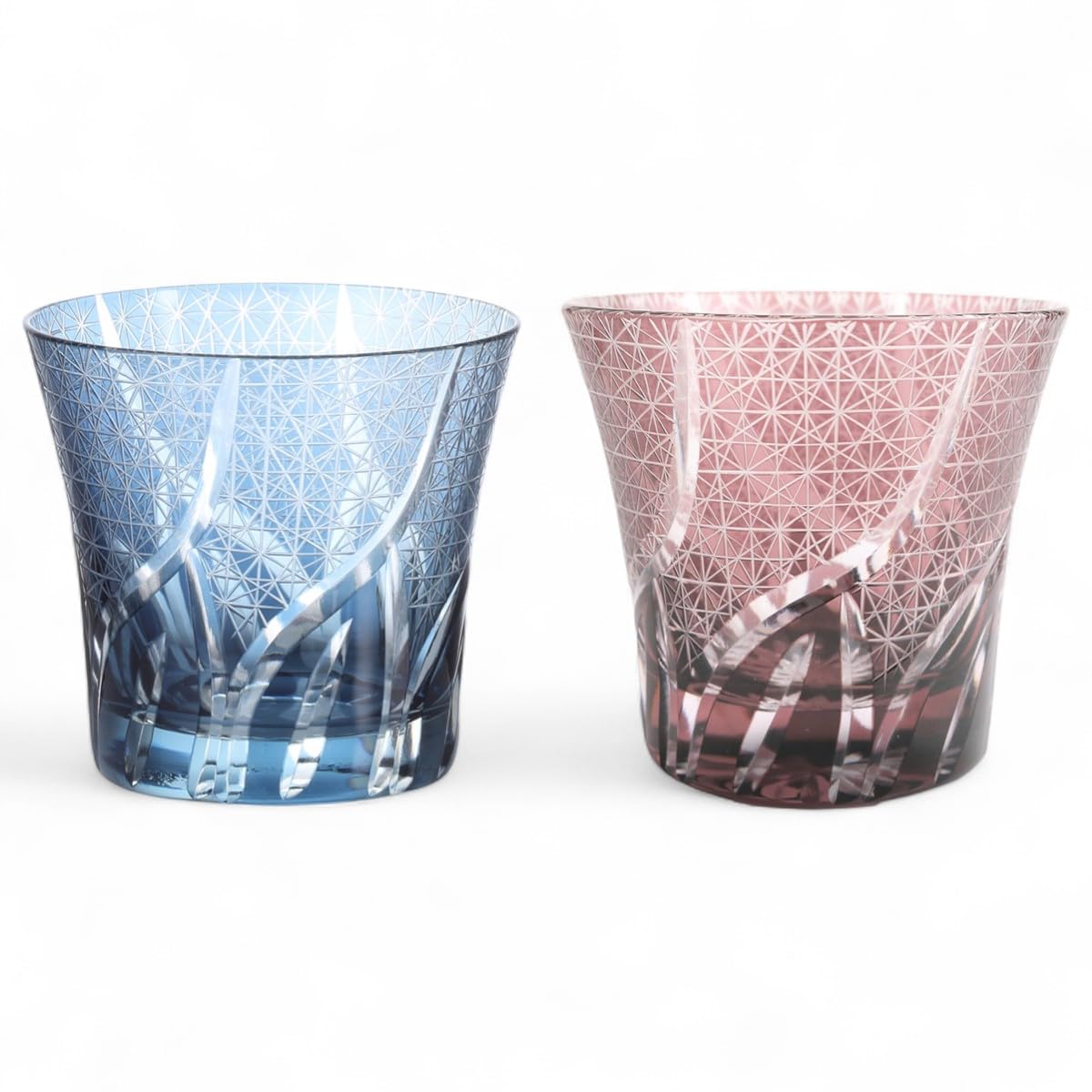 J-kitchens 水影 切子 ペア グラス カップ Φ94xH85mm 240cc 乱彫小紋 インクブルー & パープル 底彫あり Current Model