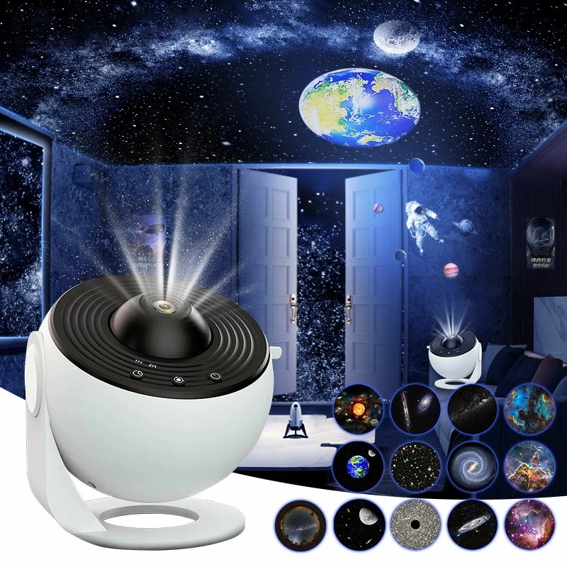 ナイトライト 間接照明 プラネタリウム 家庭用 部屋用 ホーム スタープロジェクターライト ギャラクシーライト 星空/星雲/月/天体 天井 12枚入りフィルムディスク付き HD ズーム 3D効果投影
