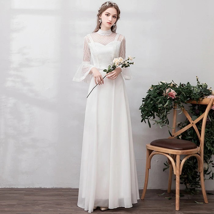 【即納】ウェディングドレス 二次会ドレス 新作ドレス 森ガール 花嫁 ドレス レース フレア袖 前撮りドレス パーティードレス エレガント ロングドレス 演奏会 結婚式 披露宴 謝恩会 イブニングド