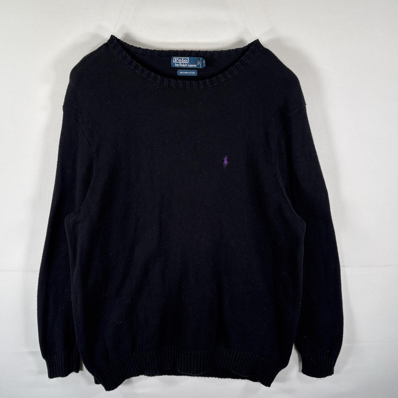 古着 90s/90年代 ポロバイラルフローレン Polo by Ralph Lauren セーター コットンニット クルーネック ワンポイントロゴ 大きいサイズ 2XLT ブラック メンズ