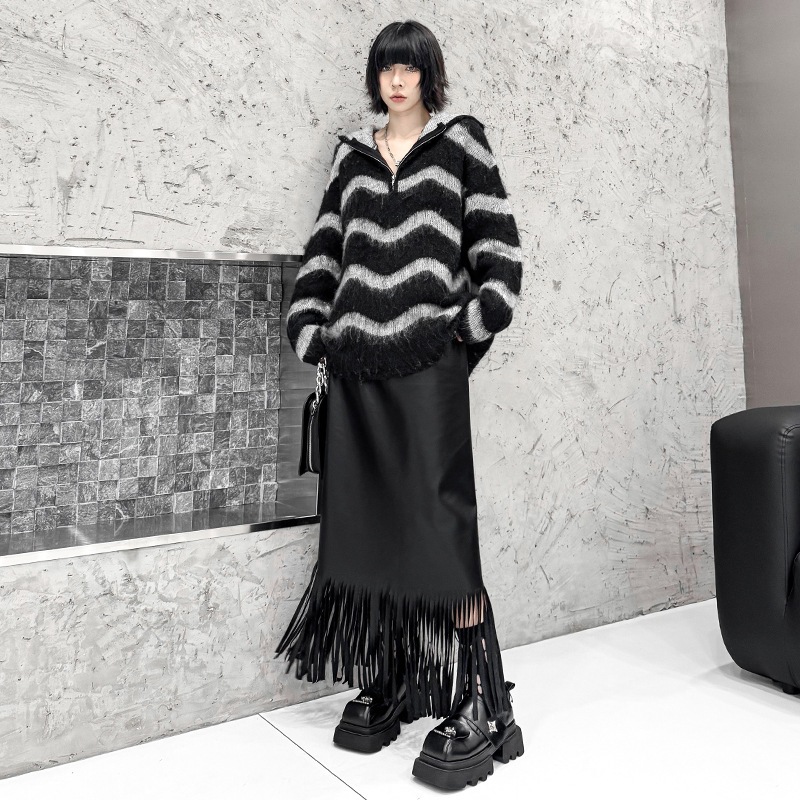 【J.Fashion】 波柄 ドッキング ニット おしゃれ レディース フード付き パーカー リブニット セーター 関連商品購入可能 メガ割