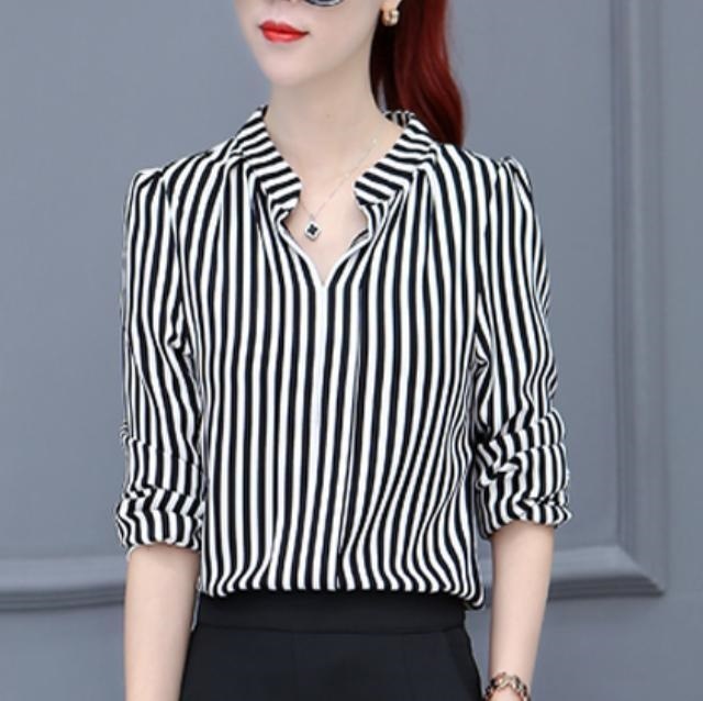 2299.ストライプ柄とろみシャツブラウス(ブラックホワイト) 2019 春夏 新作 大人 かわいい カジュアル きれいめ フェミニン OL 20代 30代 デート服 女子会 通勤 通学