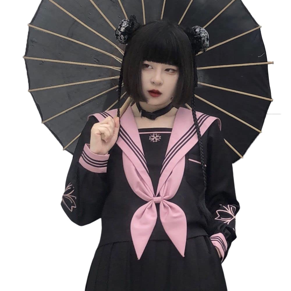 [山水集] セーラー服 不良少女 不良制服 ロングスカート 黒 長袖 コスプレ コスチューム 本格制服 オリジナル 学生服 イベント (L, 黒色 花吹雪 長袖ミニ) 89588
