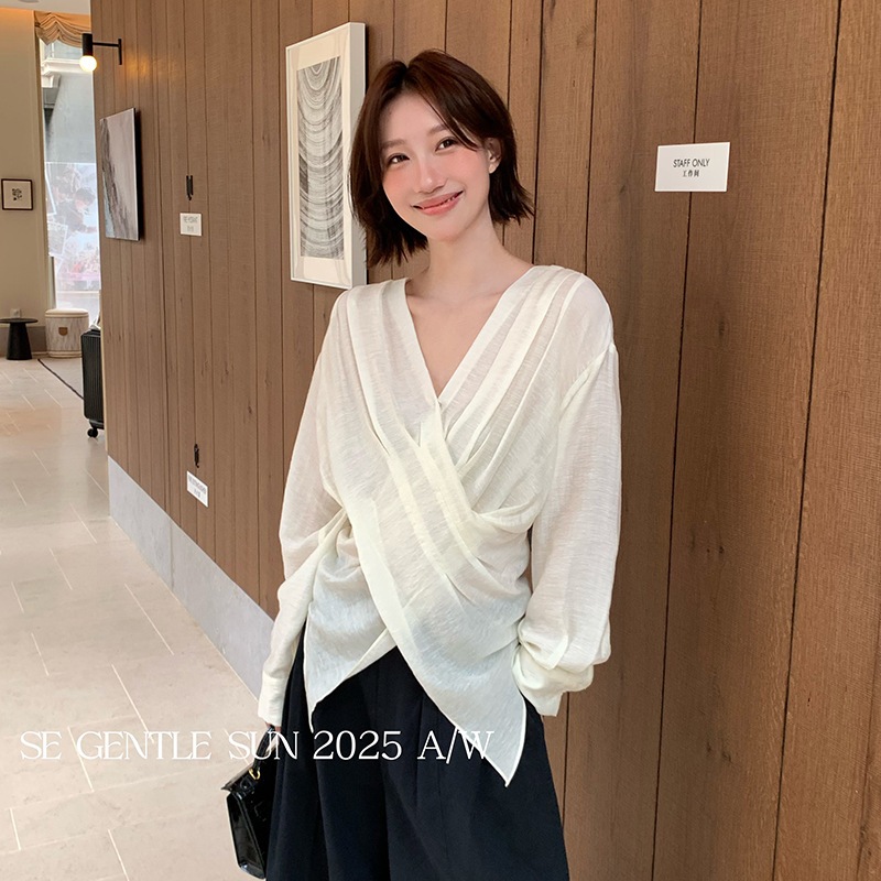 秋新作上品シンプルVネック結びシャツレディース長袖トップスブラウス