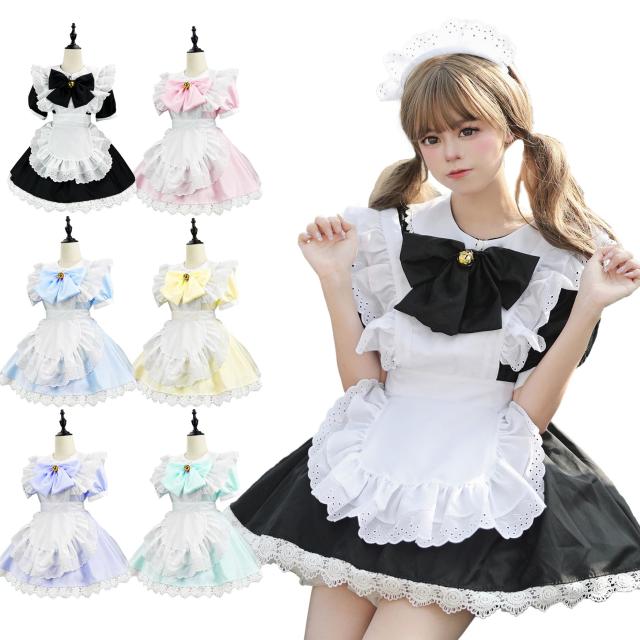 [5点セット] メイド服 コスプレ 萌え コンカフェ メイド 定番 ショート丈 可愛い レース メイドコスチューム ロリータ ワンピース レディース メンズ 大きいサイズ 仮装 ハロウィン 女装 人