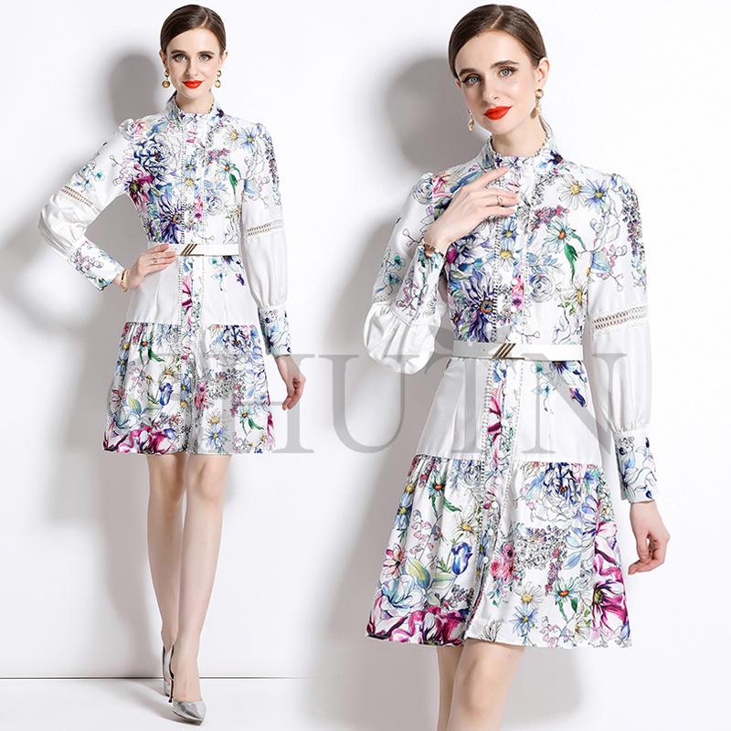 【激安開催！】ワンピースレディース パーティードレス結婚式入学式 卒業式ワンピース40代 aライン 花柄シャツワンピース長袖スタンドカラー プリント エレガント フォーマル