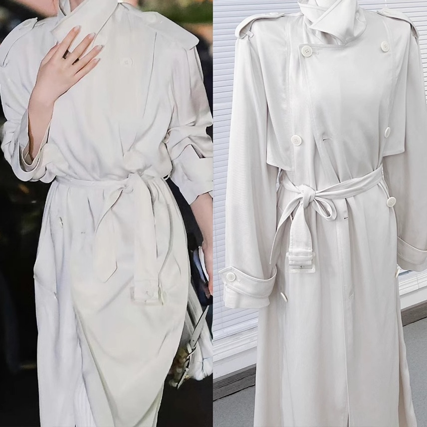 ホワイトトレンチコートレディース2025春と秋の新しいスタイルのラペルハイエンドロングスリムドレープガールズジャケットヘップバーンスタイル