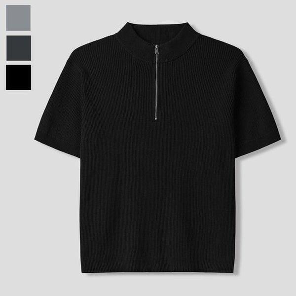 メンズハーフジップ半袖ニットTシャツ GN-KNH-Q018-ブラック