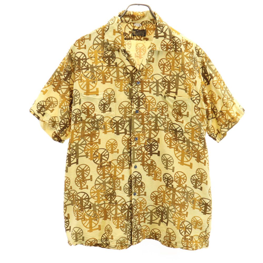 タイシルク 60s 70s シルク100％ ヴィンテージ 総柄 半袖 オープンカラーシャツ M イエロー系 THAI SILK メンズ