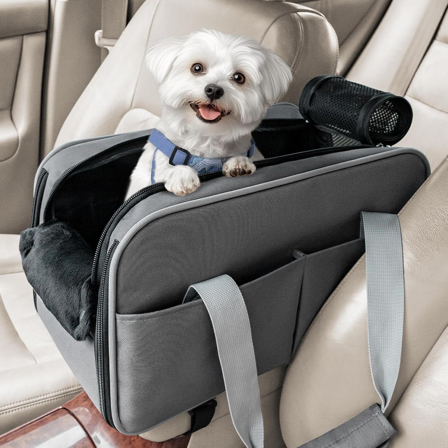 車用ペットキャリー 小型犬・猫用 飛び出し防止リード付き ドライブベッド 型崩れ防止 ダークグレー