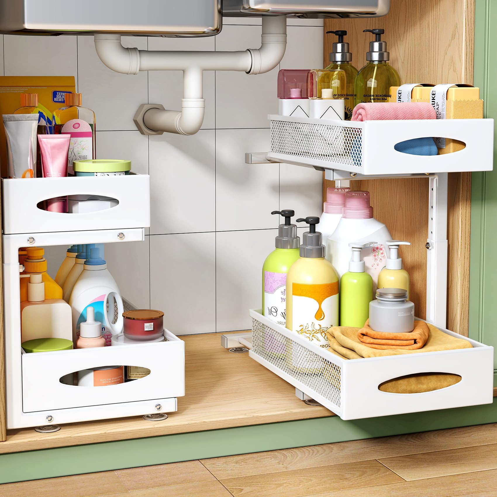 シンク下 収納 スライド 洗面所 収納 2段引き出し式 シンク下収納ラック 2個セット キッチン収納 幅20cm 洗面台下 調味料 収納 小物整理 金属製 高さ調節可能 大容量 組立簡単 キッチン/ト