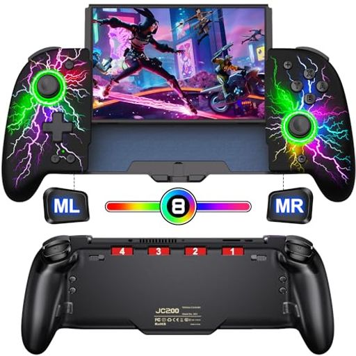 スイッチ コントローラー 8色RGBライト マクロ機能 携帯モード専用コントローラー FOR NINTENDO SWITCH グリップ コントローラープログラム編集機能 ジャイロセンサー搭載 振動 連