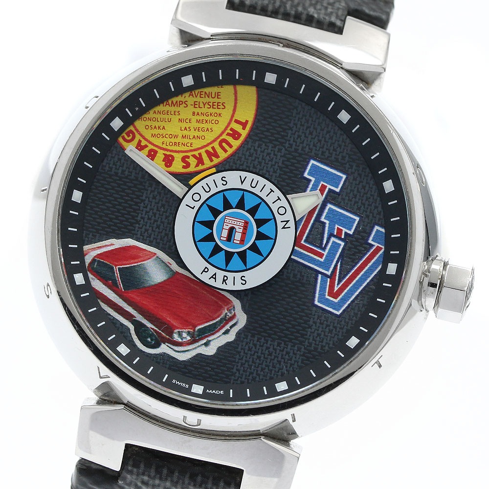 ルイ・ヴィトン LOUIS VUITTON QA063 タンブールGM ダミエ ワールドツアー クォーツ メンズ 箱付き_945736【中古】