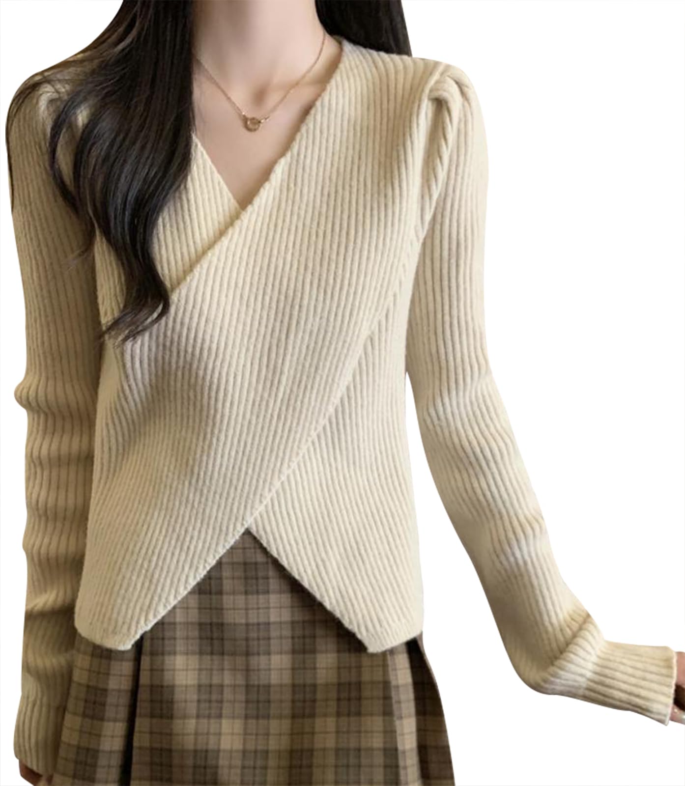 [T] レディース セーター 無地 着やせ フロント クロス ニット 体型カバー 長袖 トップス レイヤード カジュアル ショート丈 柔らかい きれいめ 着痩せ エレガント 人気 通勤 通学 オフィス