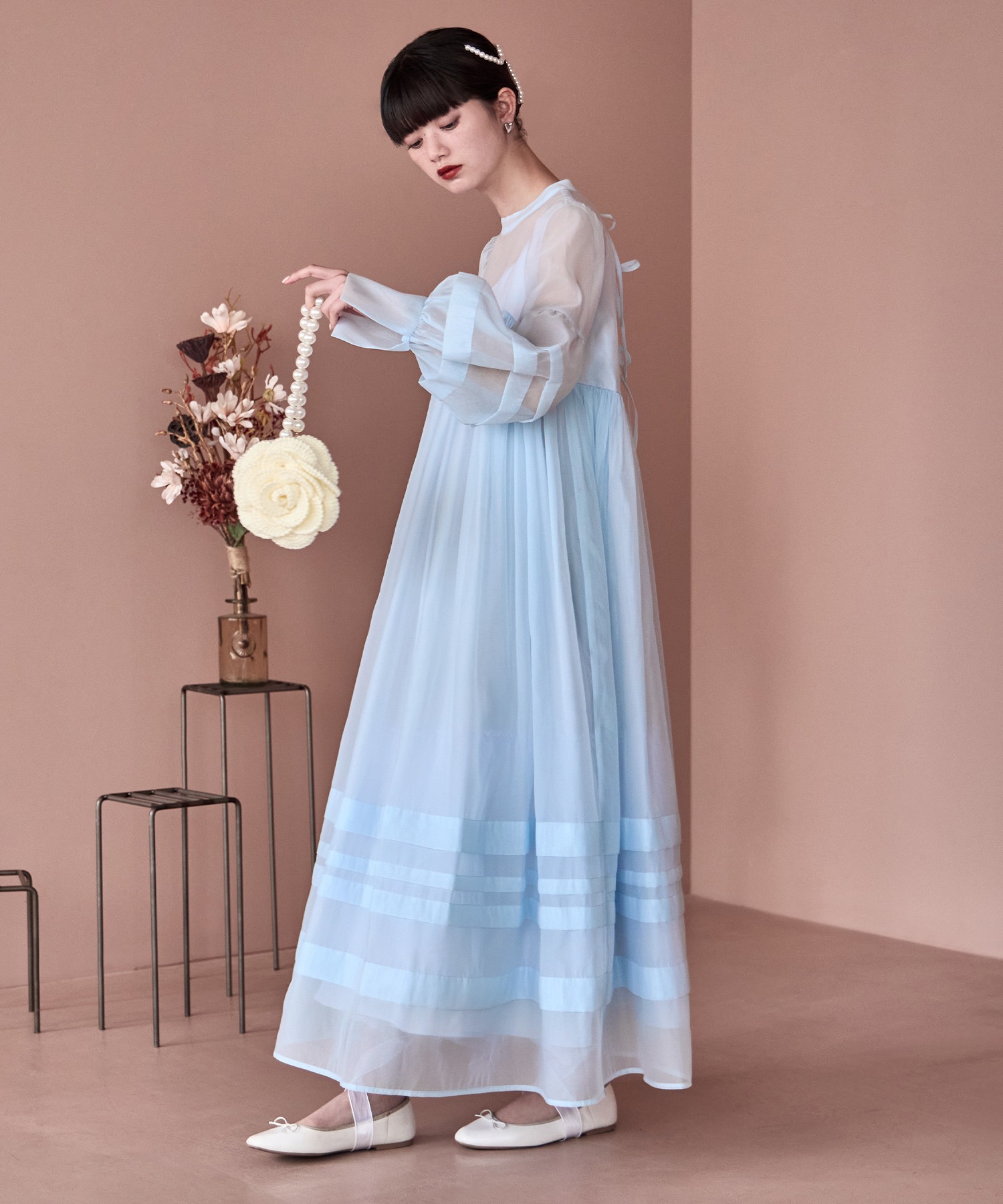 ベビーコアシアーボリュームドレス ワンピース ワンピ ドレス 長袖 ロング オケワンピ ボリュームワンピ シフォン シアー ハイネック スタンドカラー バックリボン Aライン ビッグシルエット