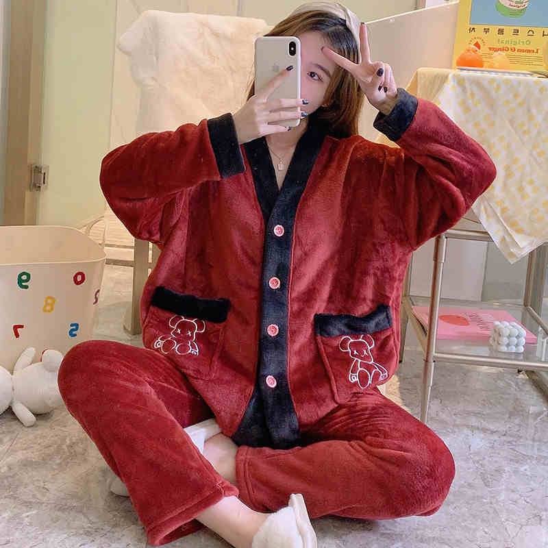 レディース パジャマ 上下セット 2点セット トップス ボトムス パンツ ルームウェア セットアップ くま柄 長袖 部屋着 寝巻き ロング丈 Vネック ポケット 前開き ツー 大人可愛い 韓国 オルチ
