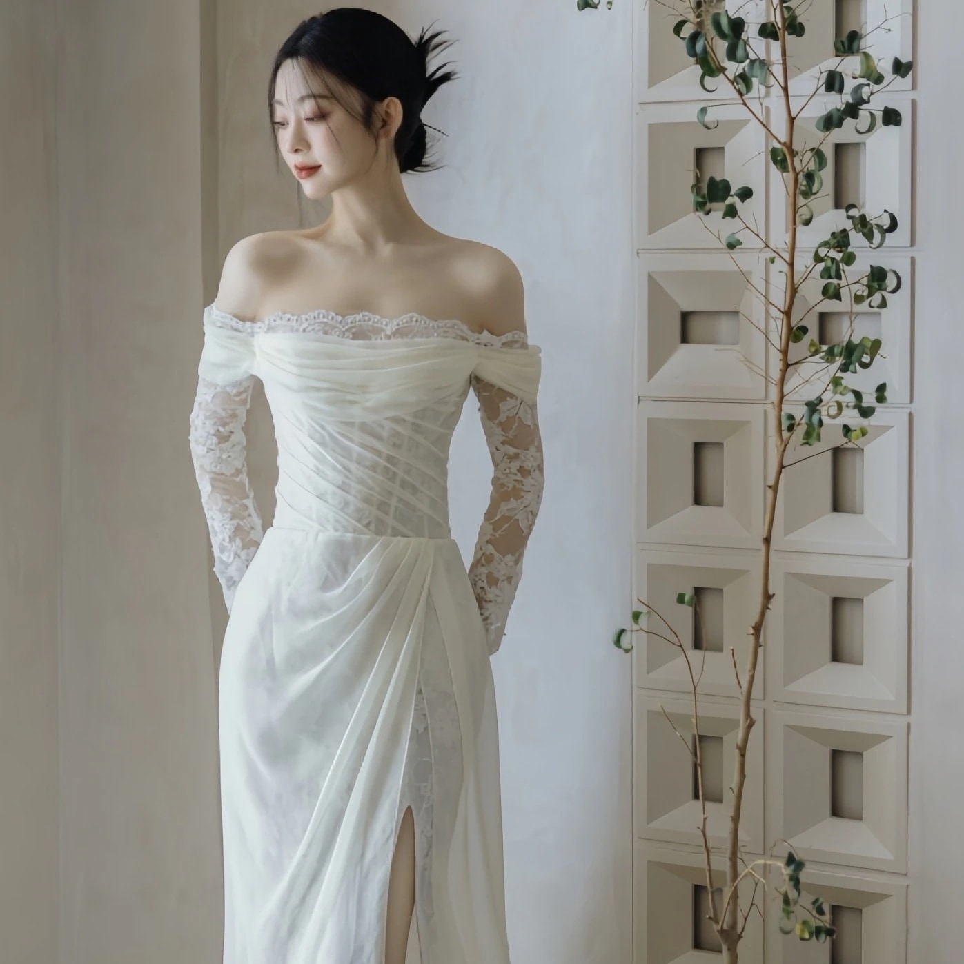 結婚式 フ レースシンプル ドレス ワン ウエドレス ワンショルダー 花嫁 披露宴 二次会 謝恩会 発表会 演奏会 女子会(ガラス瓶)