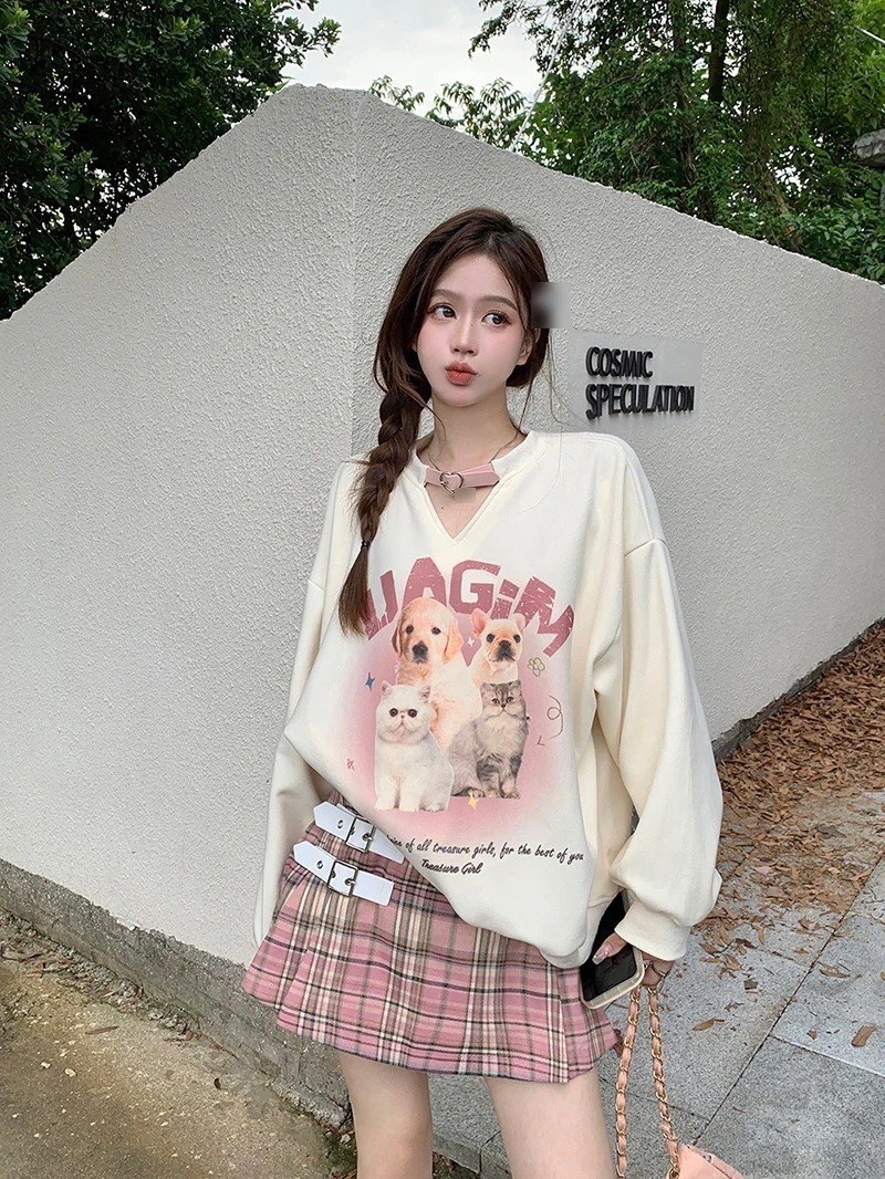 大きいサイズ印刷Vネック長袖セーターレディース秋作太いmm薄いトップス女性