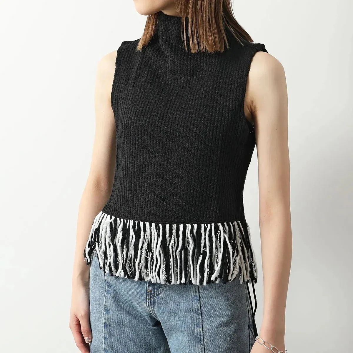 GHOSPELL ゴスペル ニット Kendra Fringe Hem Top レディース フリンジ セーター ベスト ノースリーブ ハイネック Coal-Bl