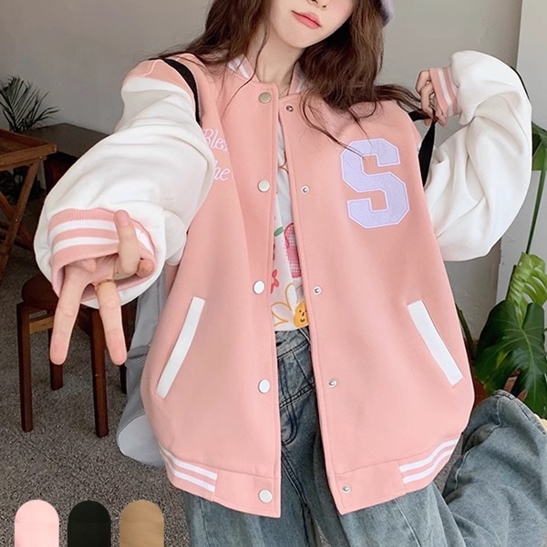 ３色展開 カレッジスタイルスタジアムジャンパー 野球ユニフォームジャケット レディース トップス アウター スタジャン ハーフ ミドル丈 スタンドカラー ストレート 刺繍 ポケット ボタン バイカラー