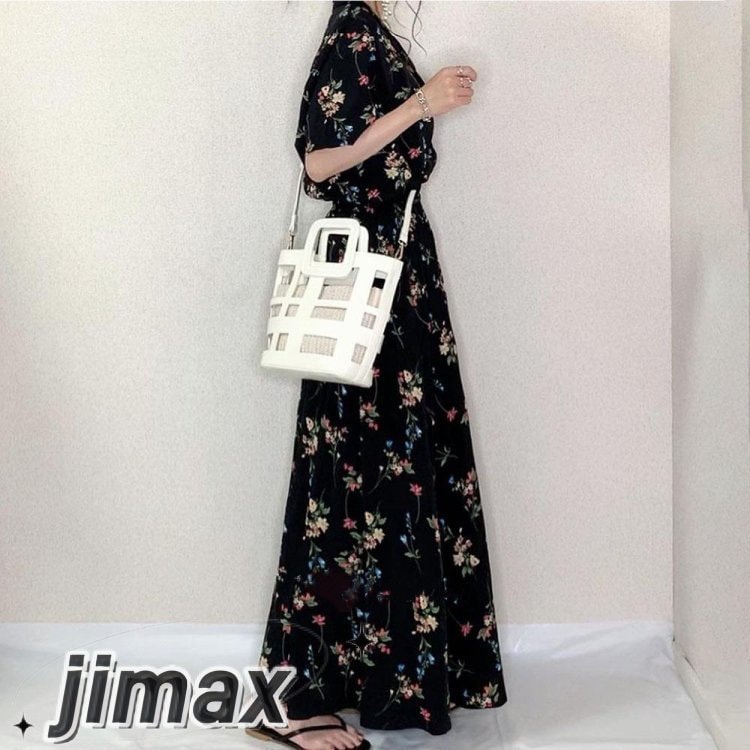 在庫一掃 ワンピース 夏 レディース 花柄ワンピース ポロワンピース 黒地 花柄 旅行 きれいめ40代 春 秋 立て襟 ロング 黒ワンピース カジュアル 30代 半袖 50代 韓国風 大きいサイズ ゆ