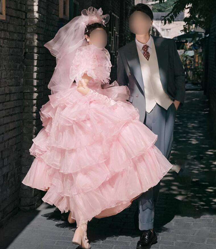 今がチャンス高級感 カラードレス お姫様 ロング ウェディングドレス 可愛い 前撮りドレス 後撮り ワンピース 花嫁ドレス きれいめ 結婚式ドレス 多重チュール フォトウェディング撮影 二次会ドレス