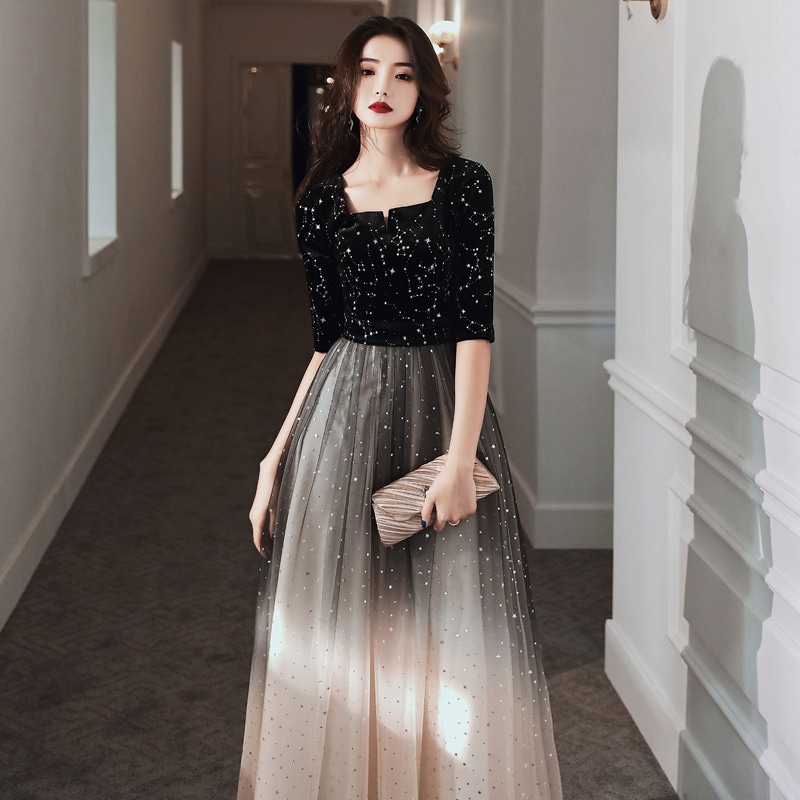 気品セレブイブニングドレス女2025黒司会者軽度宴会パーティー成人式ドレス