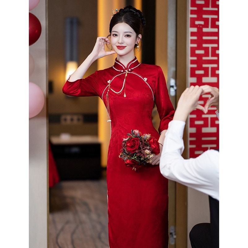 ワンピースドレスドレス新しいのチョンサム服花嫁2025レッドウェディングモーニンブエンゲージメントドレスヤングスタイルハイエンドセンス