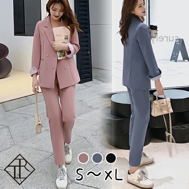 【即納】セットアップ レディース セットアップ ニット秋冬 パンツ ドレス スーツ セット ワイドパンツ 大きいサイズ 痩せて見える スレンダー 他と被らない 金Wボタン 折返し袖 テーラード襟ジャケ