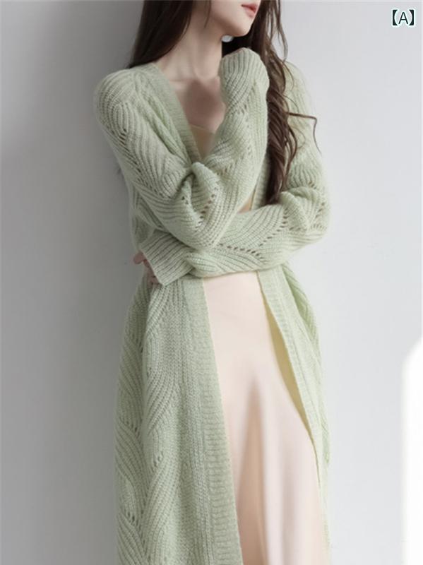 ニット レディース カーディガン おしゃれ カジュアル モヘア 薄手 春春秋夏 ロング 丈 グリーン ホワイト カーキ