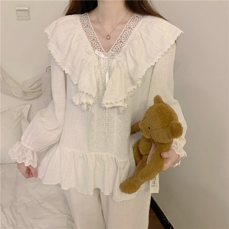 2color パジャマ ルームウェア ナイトウェア フリル リボン 寝巻 リラックスウェア