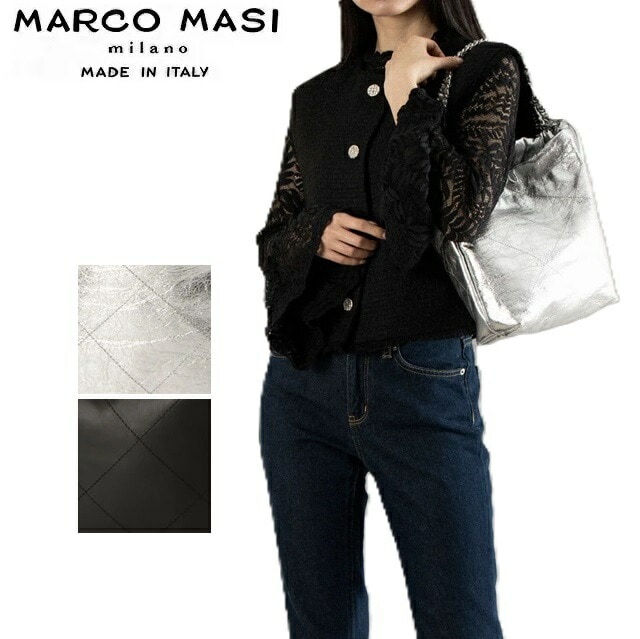 Marco Masi マルコマージ トートバッグ レザー ステッチ チェーンショルダー レディース イタリア製 牛革 本革 3352 ポケット付き 肩掛け