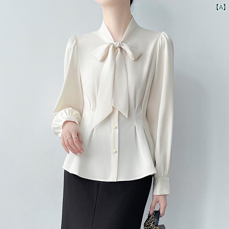 レディース シャツ リボンブラウス 長袖 春秋 オフホワイト ワインレッド ライトグレー リボンタイ 蝶結び おしゃれボタン 両サイドウエストギャザー スリムシェイプ パフスリーブ エレガント シック