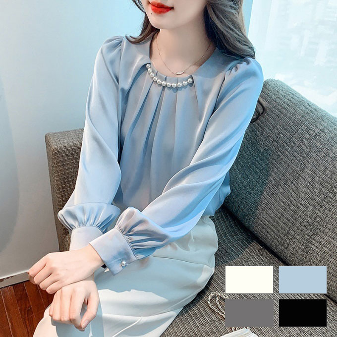 ブラウス パール タック メール便ボリューム袖 レディース ギャザー シフォン 長袖 きれいめ フォーマル トップス フリル袖 春 夏 細見え 白 青 黒 グレー パール付き オフィス 入園 入学式 5,414円