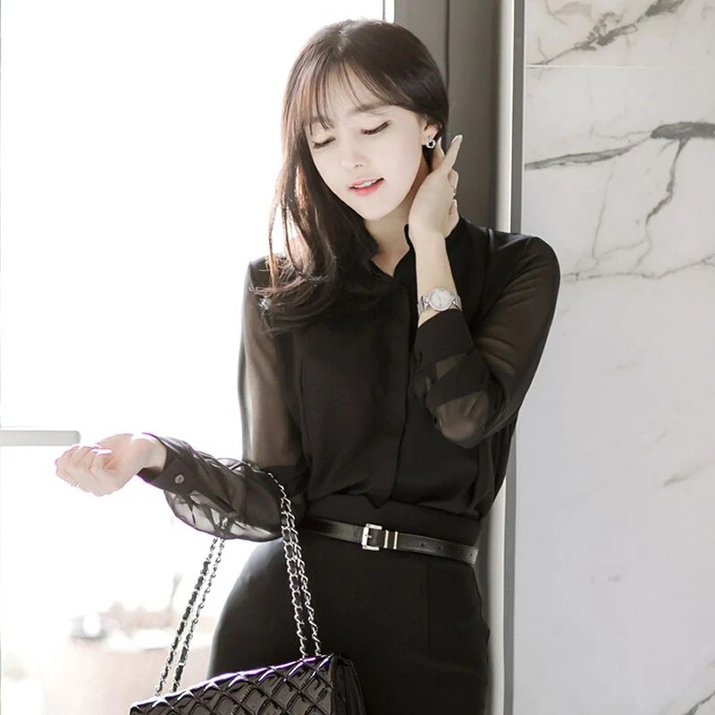 ブラウス トップス シフォン シースルー シャツ 長袖 レディース ブラック スタンドカラー フォーマル オフィス 上品 きれいめ かわいい シンプル おしゃれ 着痩せ こなれ感 透け感 透明感 モテ