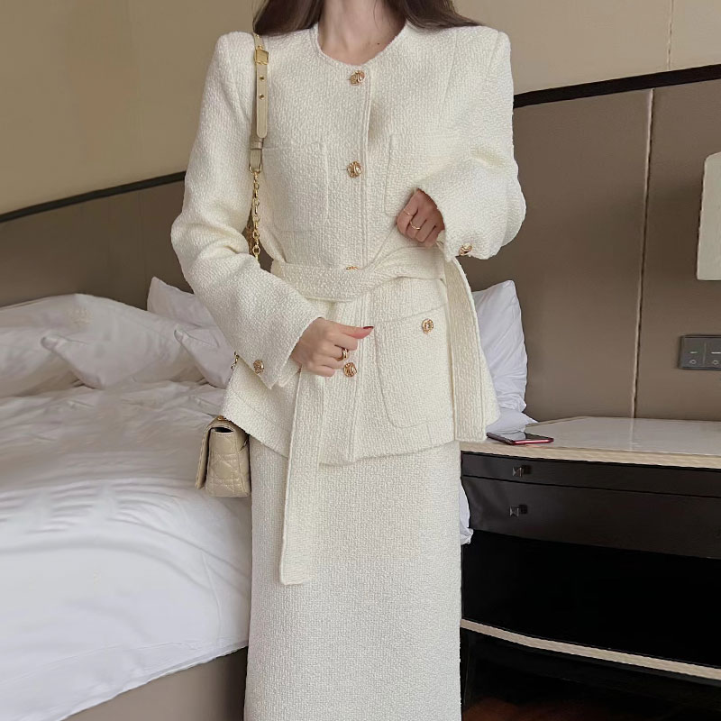 韓国デザイン秋冬新作高級感　上品無地スーツロングスカート+トップスコート着