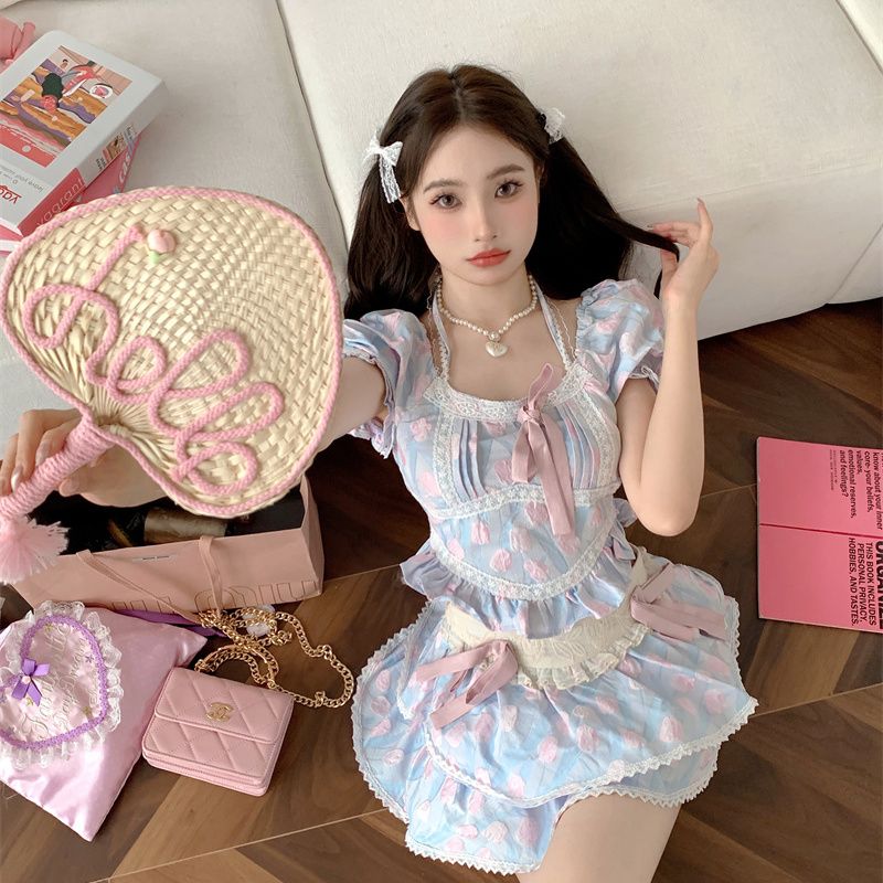 大人気ロリスーツパーティードレス 日系 春夏ワンピース ピンクの猫 かわいい メイド服 ロリータセット 韓国ファッションスプリングスーツ 足が長い やせて見える