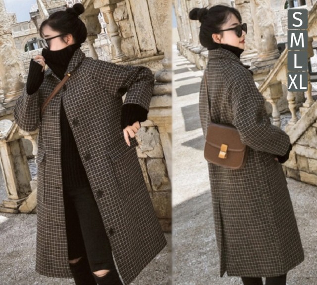 レディース ロングコート ステンカラーコート ロング丈 千鳥格子 ゆったりサイズ アウター
