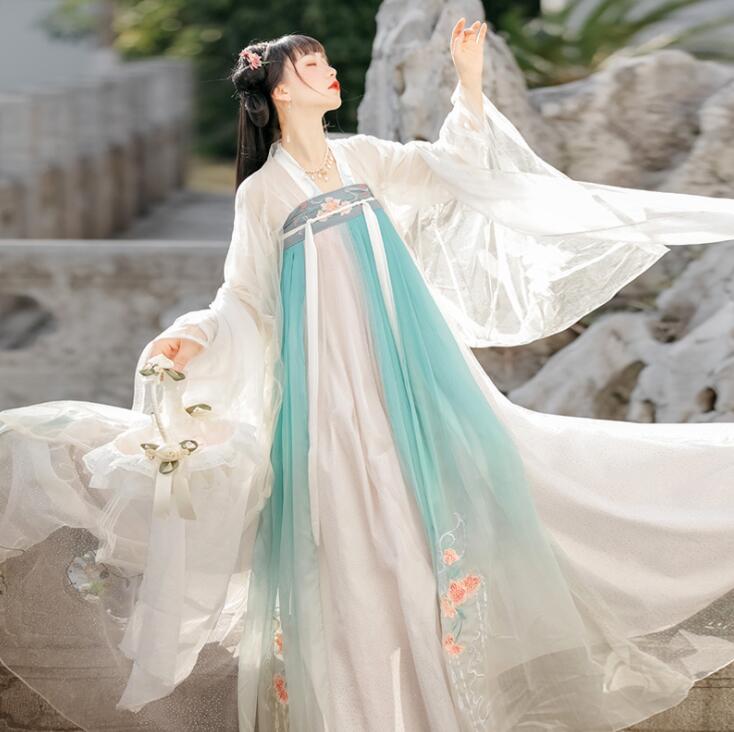 漢服 華流衣装 中華古代服 中華服 チャイナ服 中華風 チャイナ風 花柄刺繍 唐装 古典美人服 舞台衣装 ステージ衣装 グラデーション チャイナドレス イベント 仮装 コスチューム 写真撮影 振袖