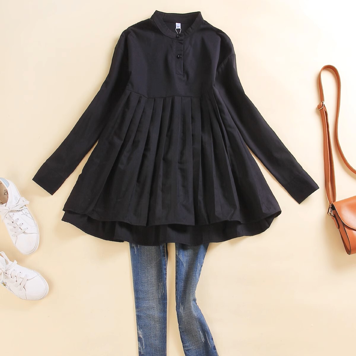 レディース トップス シャツワンピ 膝上 長袖 ボリューム袖 ヘンリーネック 襟付き フレア Aライン フリル 前開き かわいい 大人可愛い シンプル 上品 おしゃれ マニッシュ エレガント ラブリー