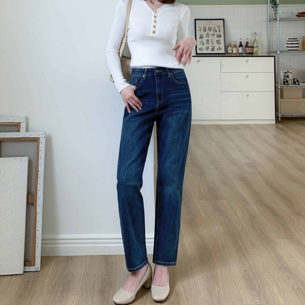 (Jinmania) ミドルブルーデイリーヒドゥンバンディングバギーデニムパンツ