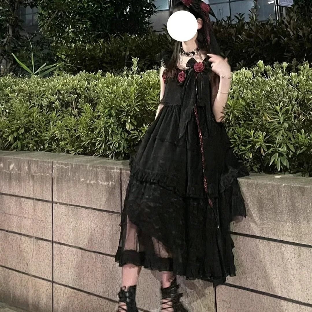 二次元 黒のローズワンピースjsk花嫁ロリータ可愛いプリンセススカートバースデードレス