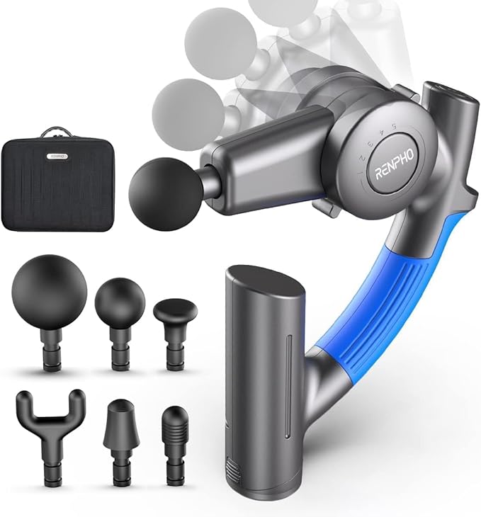 ハンディガン レンフォ 筋膜リリースガン 背中セルフケア可能 90度回転可能 可動式アーム トータル ボディケア 4段階強力振動 6種類のヘッド付 全身リフレッシュ 人間工学設計 収納バッグ付 プレ