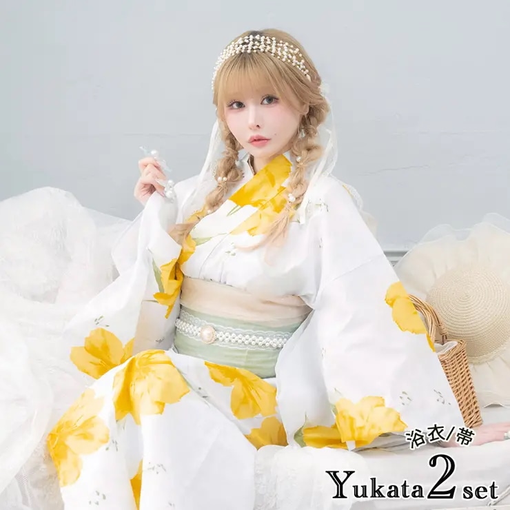 Tika シャクナゲガーリー浴衣2点セット 浴衣 兵児帯 レディース浴衣 ガーリー浴衣 シャクナゲ柄浴衣 フリーサイズ ホワイト イエロー 戦慄かなの
