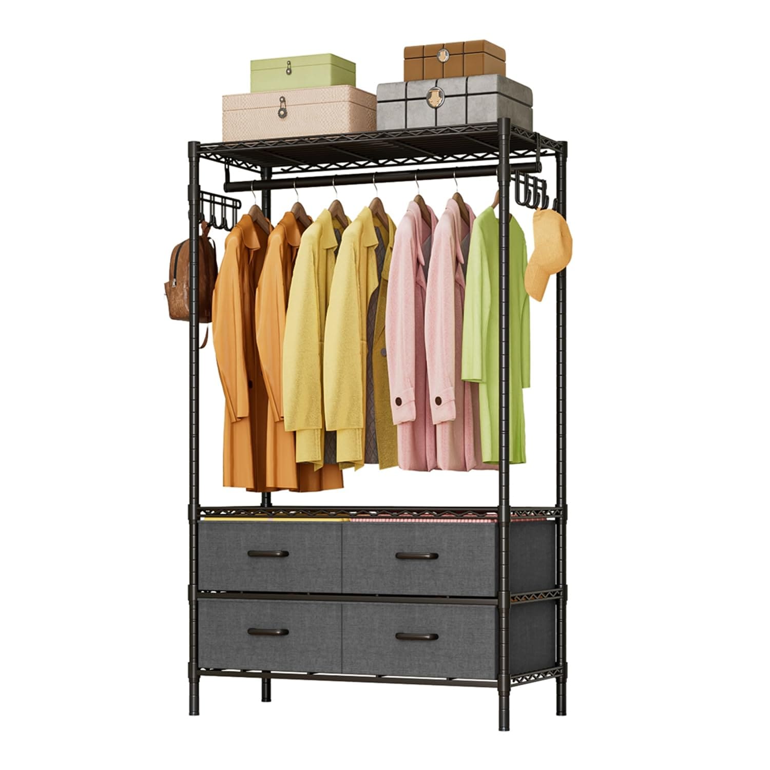 Fainyearn ワードローブ ハンガーラック頑丈 メタルラック スチールラック 洋服掛け 衣類収納用 メタル製ラック 高さ調節 棚3段 引き出し付き 90cm×奥行40cm×高さ180cm