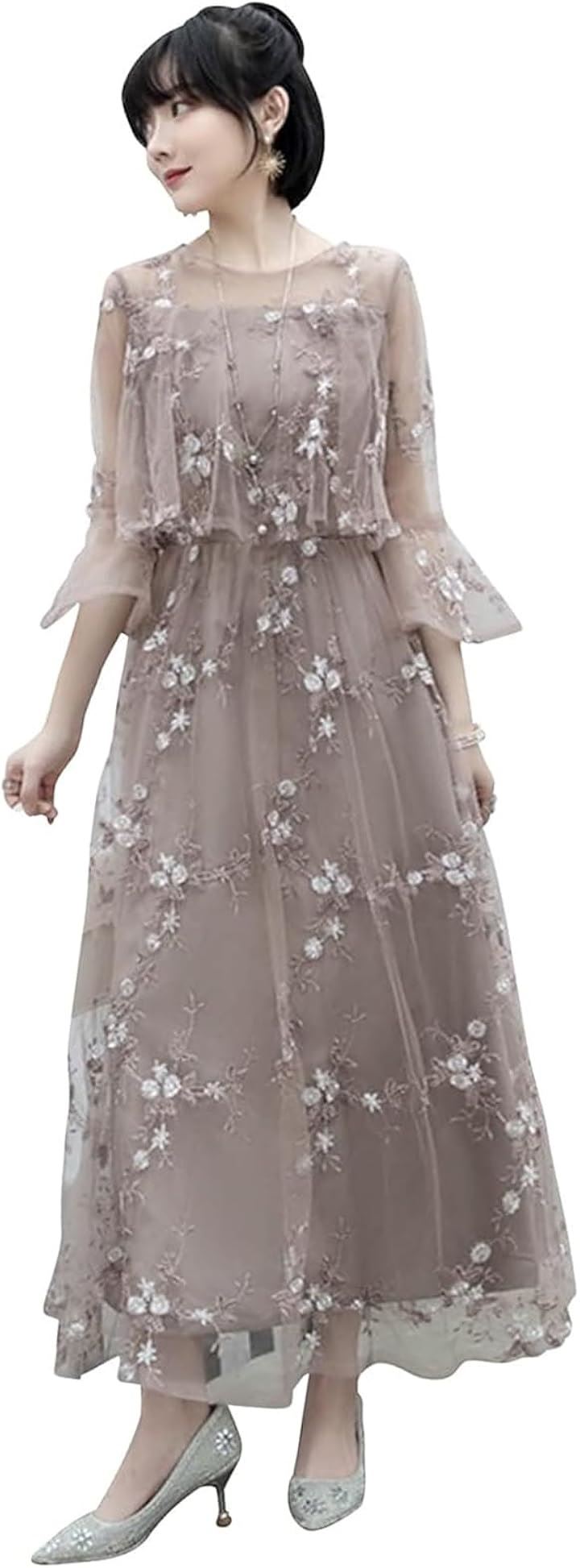 結婚式 ドレス ロング 個性的 Aライン レース 刺繍 ワンピース( ベージュ, 2XL)