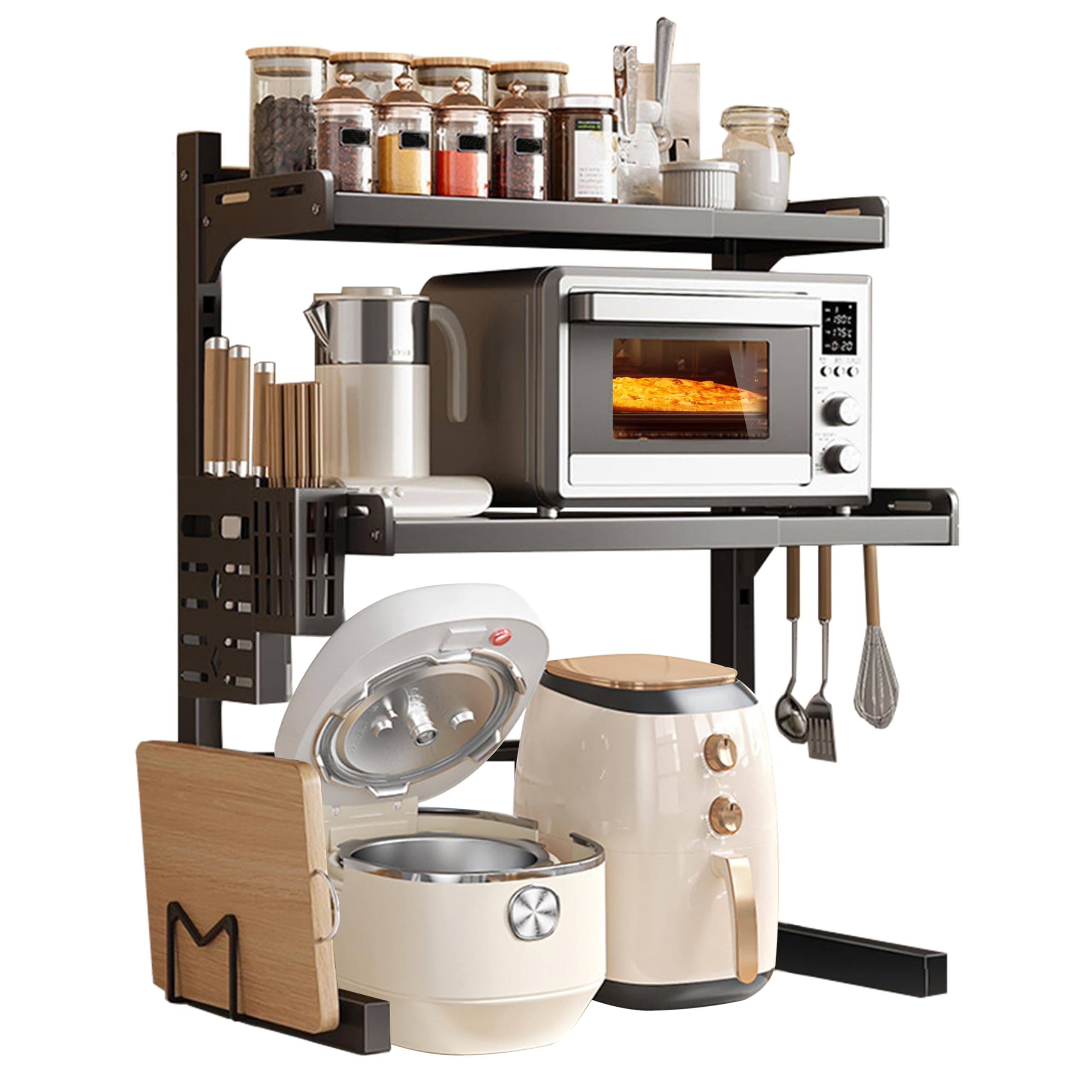 レンジ トースター キッチン収納 伸縮式 幅(40-60cm 棚板高さ調節可 電子レンジ キッチン 収納 棚 レンジ上ラック L字 耐荷重30kg フック6個付き 箸箱1個 包丁ラック1個 まな板ホル